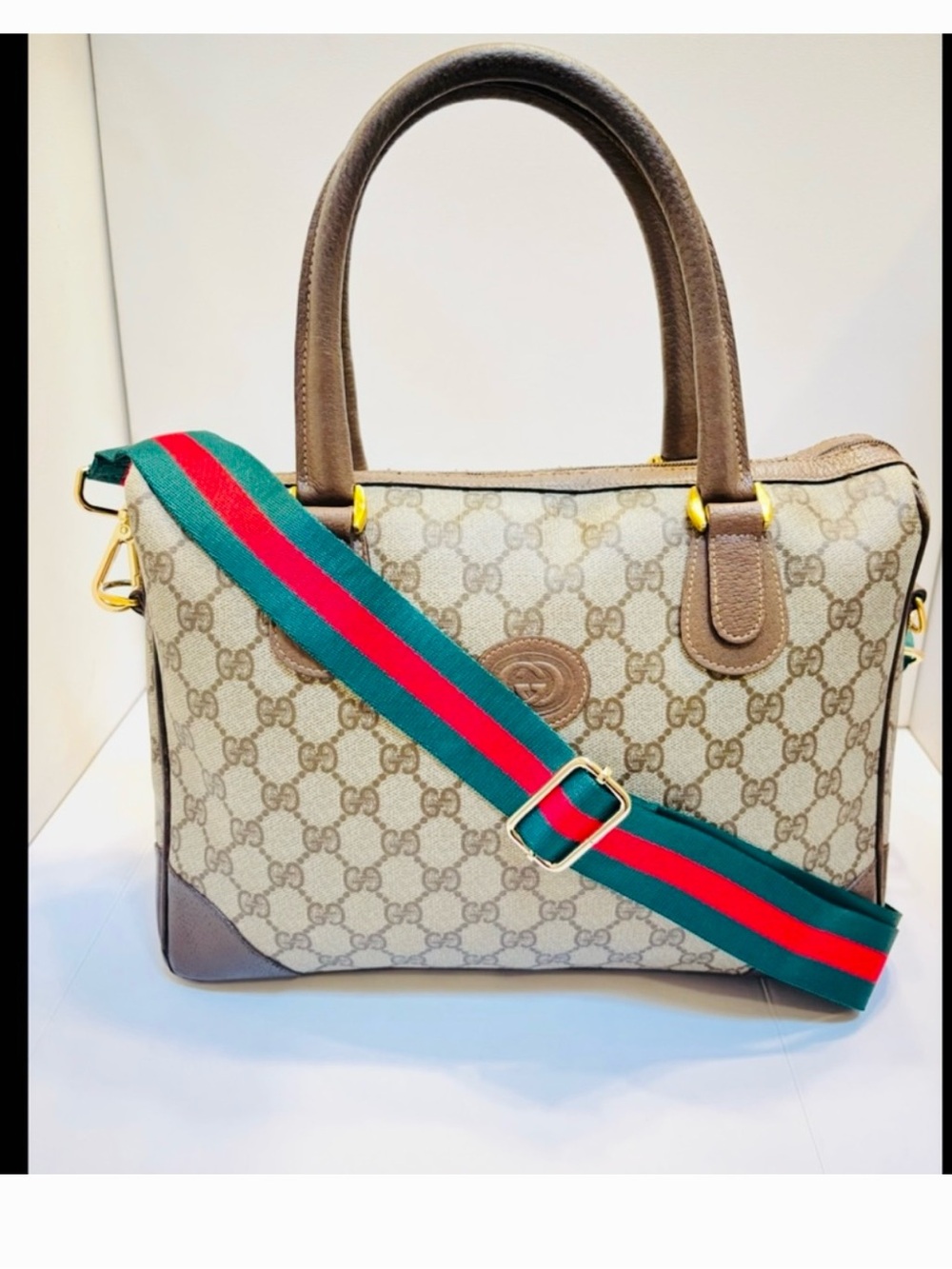 Gucci Beige GG Canvas Satchel with Green-Red Web Strap